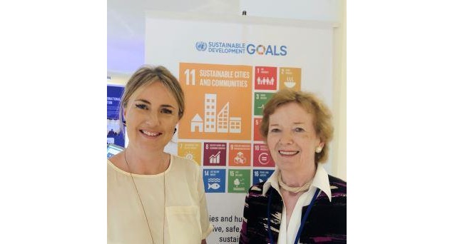 Sophie Howe, chair of NIFG and Future Generations Comissioner for Wales with Mary Robinson, former UN High Commissioner for Human Rights, at the UN High Level Politcal Forum in New York, July 2018